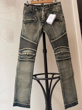 Balmain Paris Men's Skinny Moto Jeans in Blue Wash